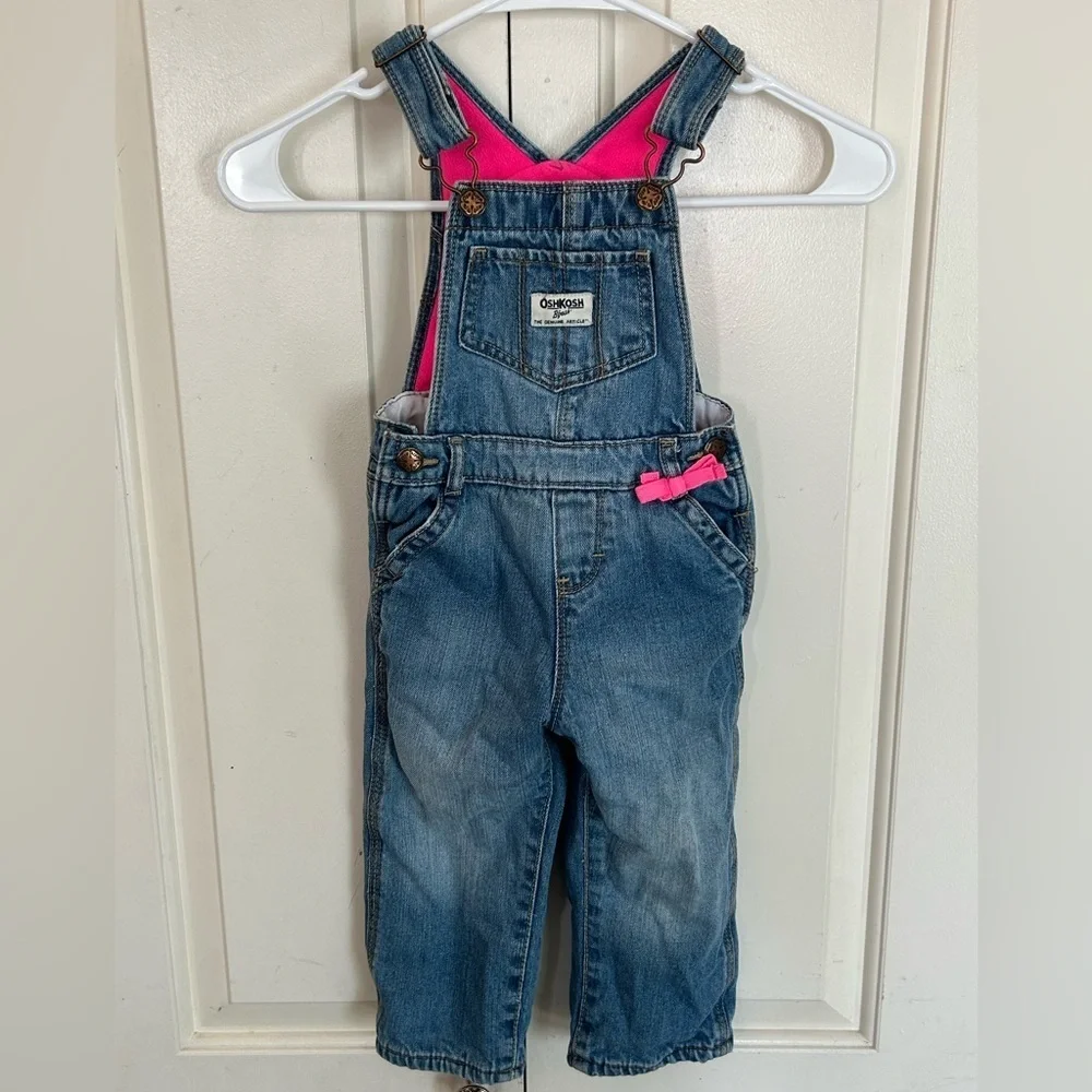 Vintage Osh Kosh B’ Gosh Overalls Denim Jeans Pink Fleece Lining Toddler Size 2T